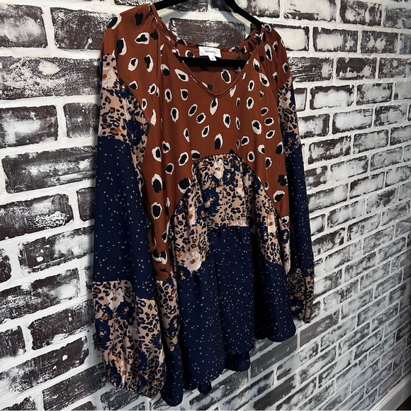 Hailey & Co Boho Eclectic Peasant Top Balloon Sleeve Navy Brown Mixed Print Sz M - Picture 3 of 8